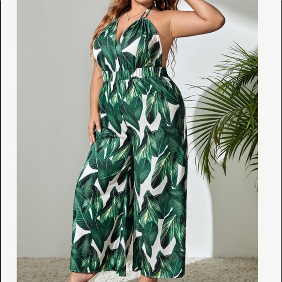 Boho Tropical Print Wide Leg Pants Backless Jumpsuit Green - Picture 6 of 8